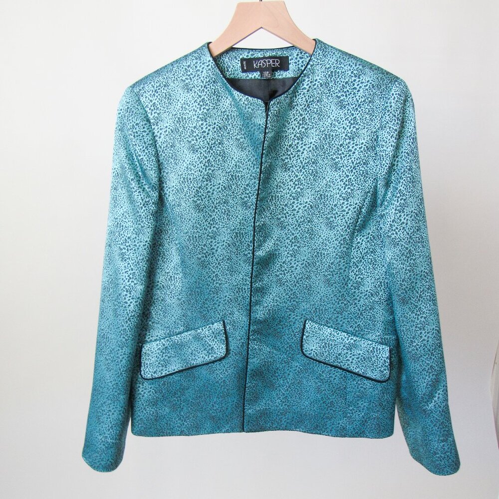 VINTAGE KASPER TEAL LEOPARD ANIMAL PRINT SATIN BLAZER JACKET Size-10 petite